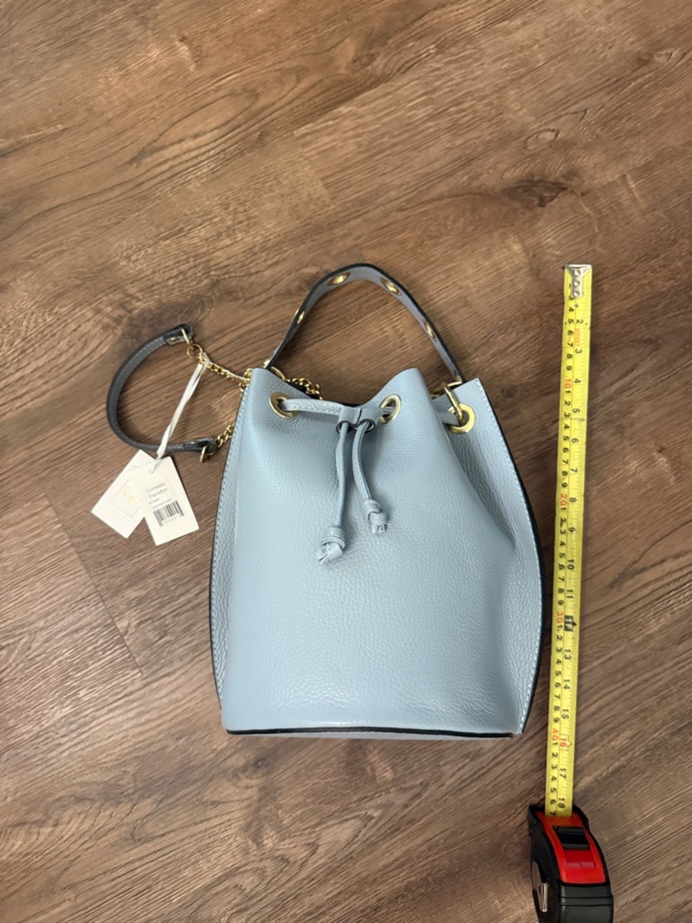 Germain Fuentes NWT Pebbled Drawstring Bucket Shoulder Bag in Light Blue Leather